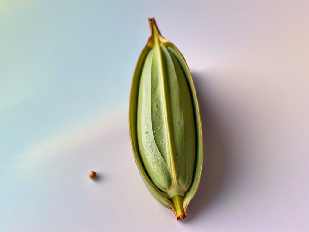  An intricately designed closeup image of a delicate vanilla bean pod split open to reveal the tiny, aromatic seeds inside, set against a soft, blurred background of muted pastel colors. The image showcases the intricate details of the vanilla bean, highlighting its glossy texture and the rich, earthy aroma associated with this prized ingredient. hyperrealistic, full body, detailed clothing, highly detailed, cinematic lighting, stunningly beautiful, intricate, sharp focus, f/1. 8, 85mm, (centered image composition), (professionally color graded), ((bright soft diffused light)), volumetric fog, trending on instagram, trending on tumblr, HDR 4K, 8K