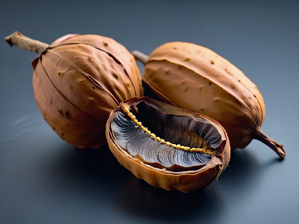  A closeup, ultradetailed image of a single ripe tamarind pod split open to reveal the glossy, dark brown pulp inside, contrasting beautifully with the fibrous, light brown shell. The focus is so sharp that every tiny seed nestled within the sticky pulp is crystal clear, showcasing the intricate textures and colors of this exotic fruit in mesmerizing detail. hyperrealistic, full body, detailed clothing, highly detailed, cinematic lighting, stunningly beautiful, intricate, sharp focus, f/1. 8, 85mm, (centered image composition), (professionally color graded), ((bright soft diffused light)), volumetric fog, trending on instagram, trending on tumblr, HDR 4K, 8K