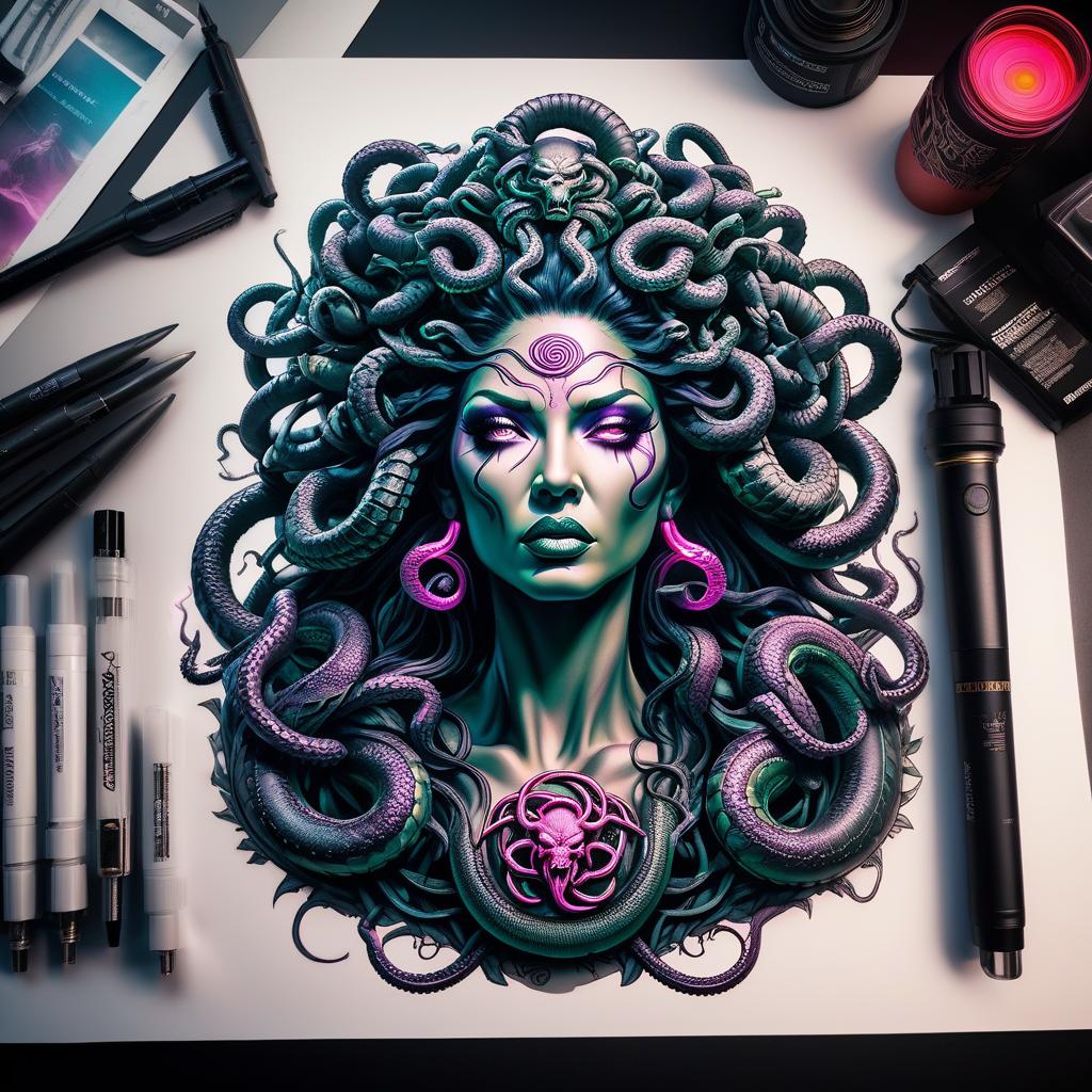  dystopian style Medusa Gorgon neon tattoo sketch . bleak, post apocalyptic, somber, dramatic, highly detailed hyperrealistic, full body, detailed clothing, highly detailed, cinematic lighting, stunningly beautiful, intricate, sharp focus, f/1. 8, 85mm, (centered image composition), (professionally color graded), ((bright soft diffused light)), volumetric fog, trending on instagram, trending on tumblr, HDR 4K, 8K