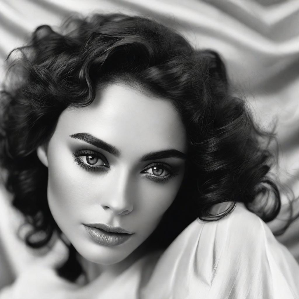  This is a black and white portrait of a woman with distinct classic features. The photograph has a soft yet detailed focus, enhancing the ethereal and timeless quality of the image. The woman has deep, captivating eyes that seem to draw the viewer in, accentuated by dark, neatly shaped eyebrows and dark eye makeup. Her eyes are looking slightly upward, giving a serene yet intense feel to her expression. Her hair is dark and voluminous with tight curls, adding a rich texture to the image. It frames her face beautifully, adding to the dramatic effect of the portrait. The woman's skin appears smooth and flawless, and the lighting of the photograph highlights the contours of her face, particularly around her cheekbones and nose. Her lips are