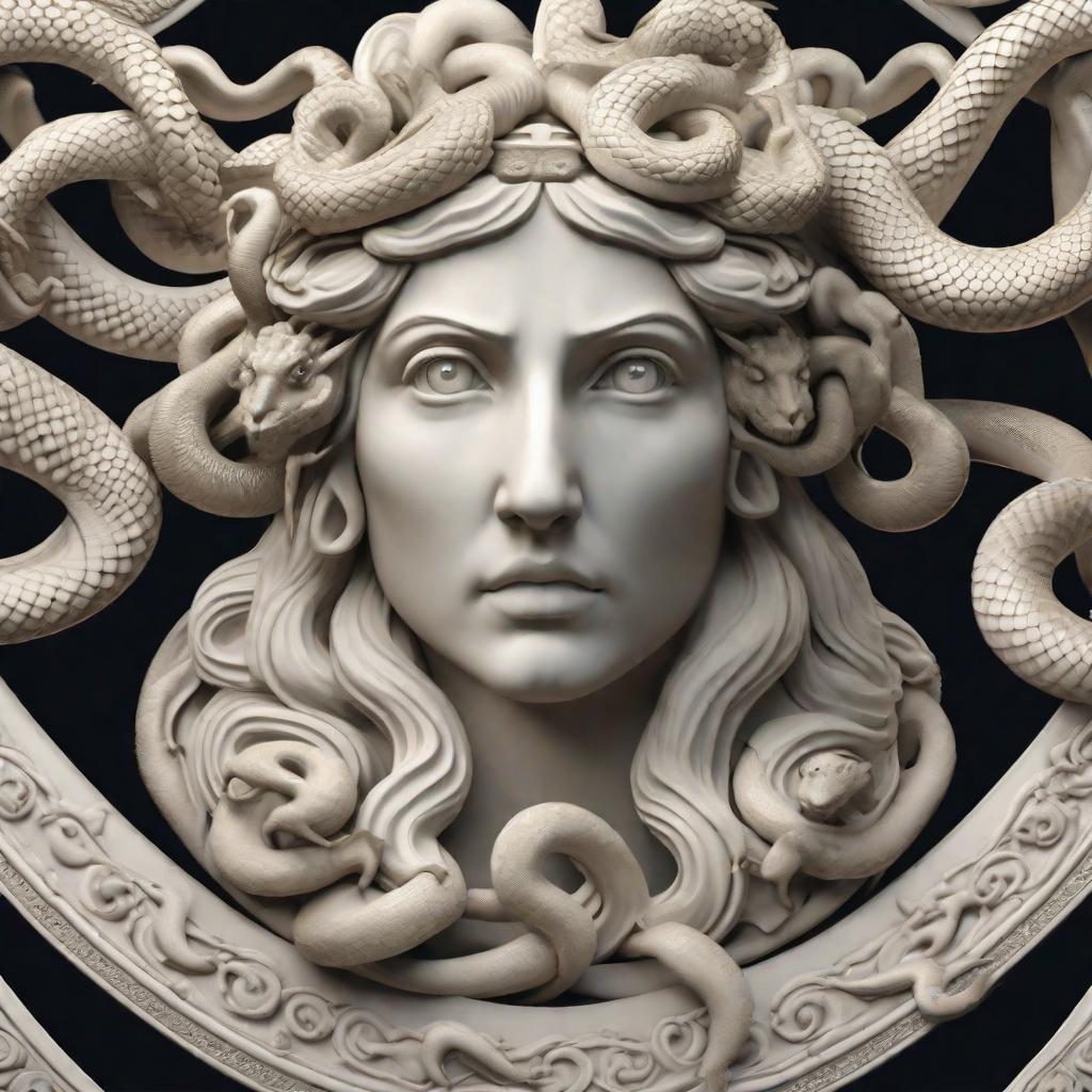  masterpiece, best quality, Best quality, masterpiece, 8k resolution, realistic, highly detailed, close up of Medusa Greek Goddess. Her head with snakes and her eyes tottal white collar, scary