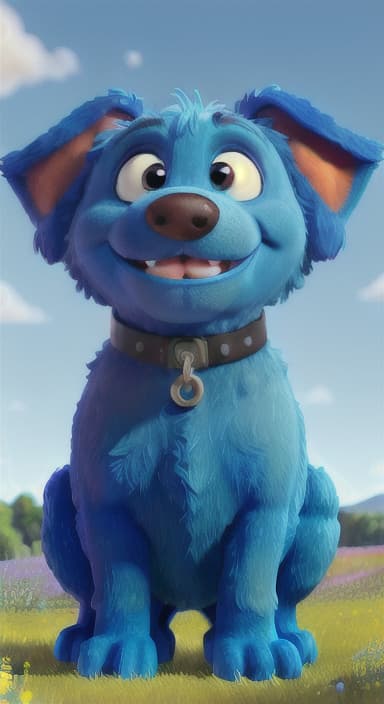  {A happy, big blue dog wagging its tail in a colorful meadow, The big blue dog is large with sky blue fur, big round eyes, a black nose, and floppy ears.