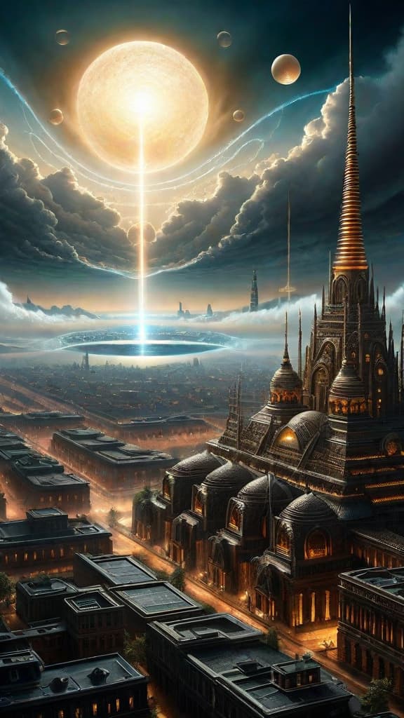  (A vast and magnificent city skyline, featuring towering, ornate structures with intricate architectural details. The buildings appear to be powered by some kind of atmospheric energy, with glowing orbs or energy fields visible. In the background, the sky is filled with unusual cloud formations or atmospheric phenomena, suggesting the manipulation of frequencies and vibrations. The scene evokes a sense of an advanced, ancient civilization far ahead of its time, in contrast with the modern world.) hyperrealistic, full body, detailed clothing, highly detailed, cinematic lighting, stunningly beautiful, intricate, sharp focus, f/1. 8, 85mm, (centered image composition), (professionally color graded), ((bright soft diffused light)), volumetric fog, trending on instagram, trending on tumblr, HDR 4K, 8K