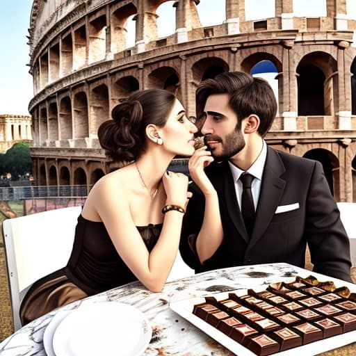  Attractive Beautiful young modern Italian couple dressed in modern designer attire looking. Foreground plates of fine dark chocolates on a table. Background Roman Colosseum. Painting style of Edgar Degas