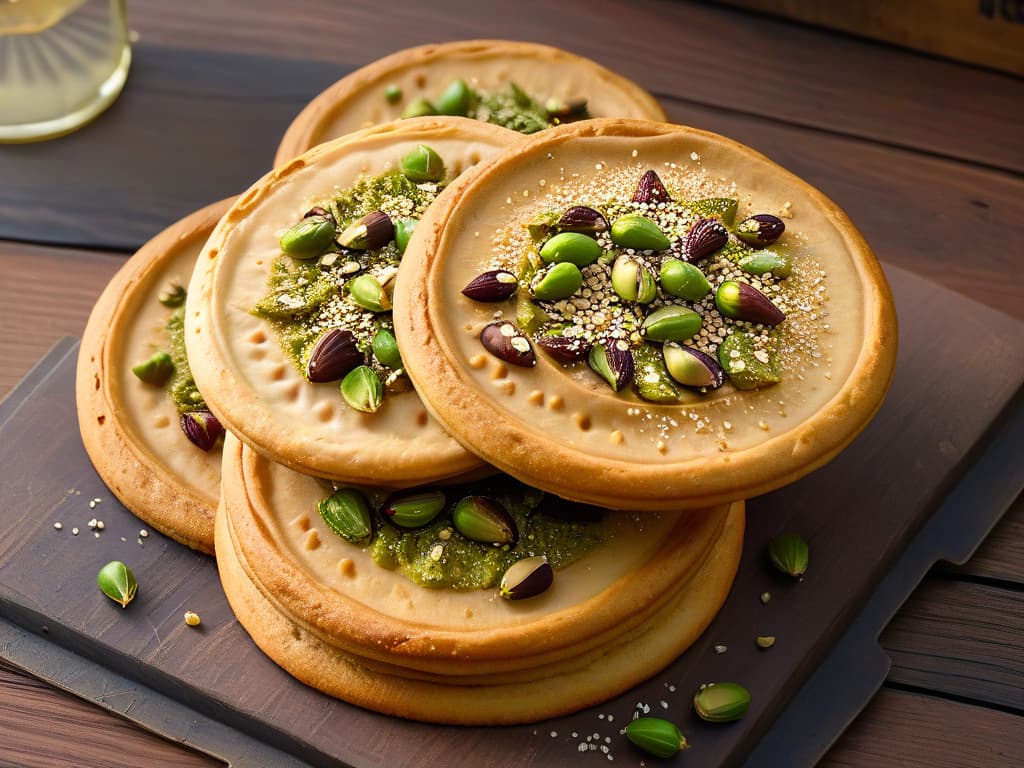  A closeup, ultradetailed image of freshly baked Barazek cookies topped with pistachios and sesame seeds, perfectly golden and crisp, sitting on a rustic wooden tabletop. The cookies are arranged in a circular pattern, showcasing their delicate texture and nutty toppings, with a soft, warm lighting accentuating their irresistible crunchiness. Each cookie is intricately detailed, capturing the essence of this delectable treat in a minimalist yet captivating way. hyperrealistic, full body, detailed clothing, highly detailed, cinematic lighting, stunningly beautiful, intricate, sharp focus, f/1. 8, 85mm, (centered image composition), (professionally color graded), ((bright soft diffused light)), volumetric fog, trending on instagram, trending on tumblr, HDR 4K, 8K