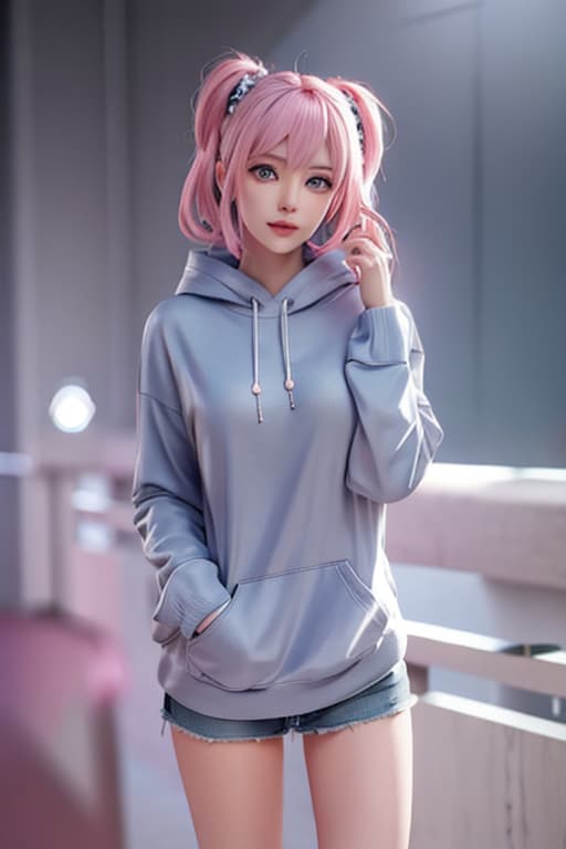  Draw a girl with pink hair and blue eyes wearing a grey hoodie. hyperrealistic, full body, detailed clothing, highly detailed, cinematic lighting, stunningly beautiful, intricate, sharp focus, f/1. 8, 85mm, (centered image composition), (professionally color graded), ((bright soft diffused light)), volumetric fog, trending on instagram, trending on tumblr, HDR 4K, 8K