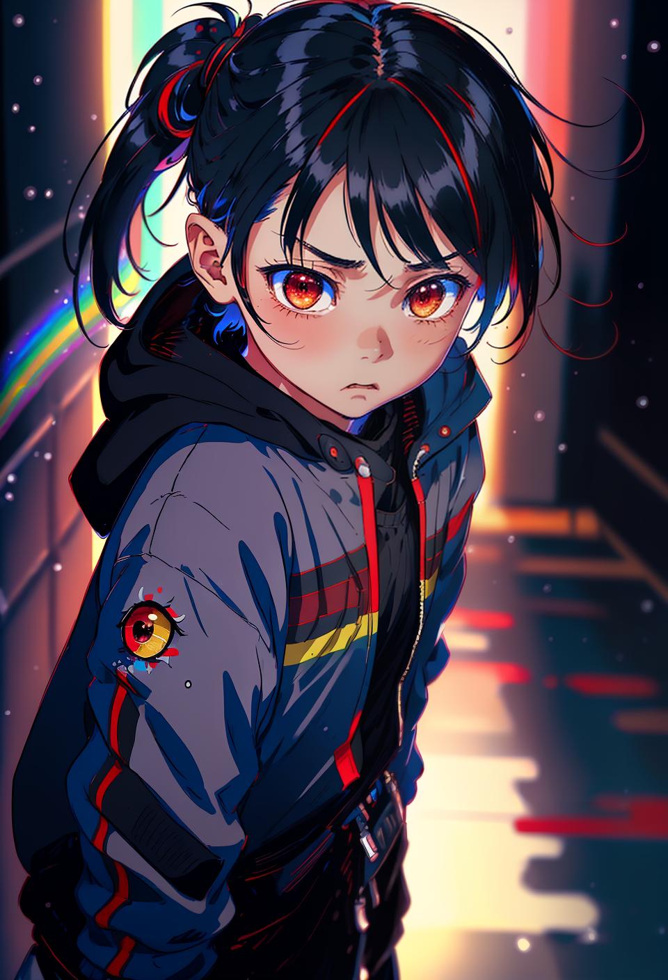  ((trending, highres, masterpiece, cinematic shot)), 1boy, chibi, male winter clothes, abstract background, very short straight rainbow hair, long ponytail, narrow red eyes, sinister personality, worried expression, very dark skin, lively, energetic