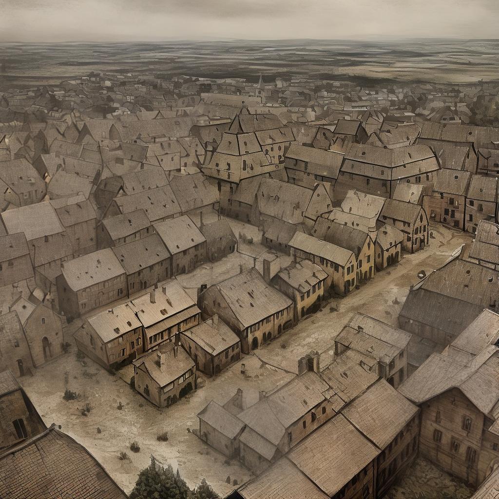  masterpiece, best quality,ancient, medieval village, cold ambiance, grey, desolate, lost village, uncanny, correct perspective, medieval town, detailed illustration, urban landscape, sepia colors, no humans or people,