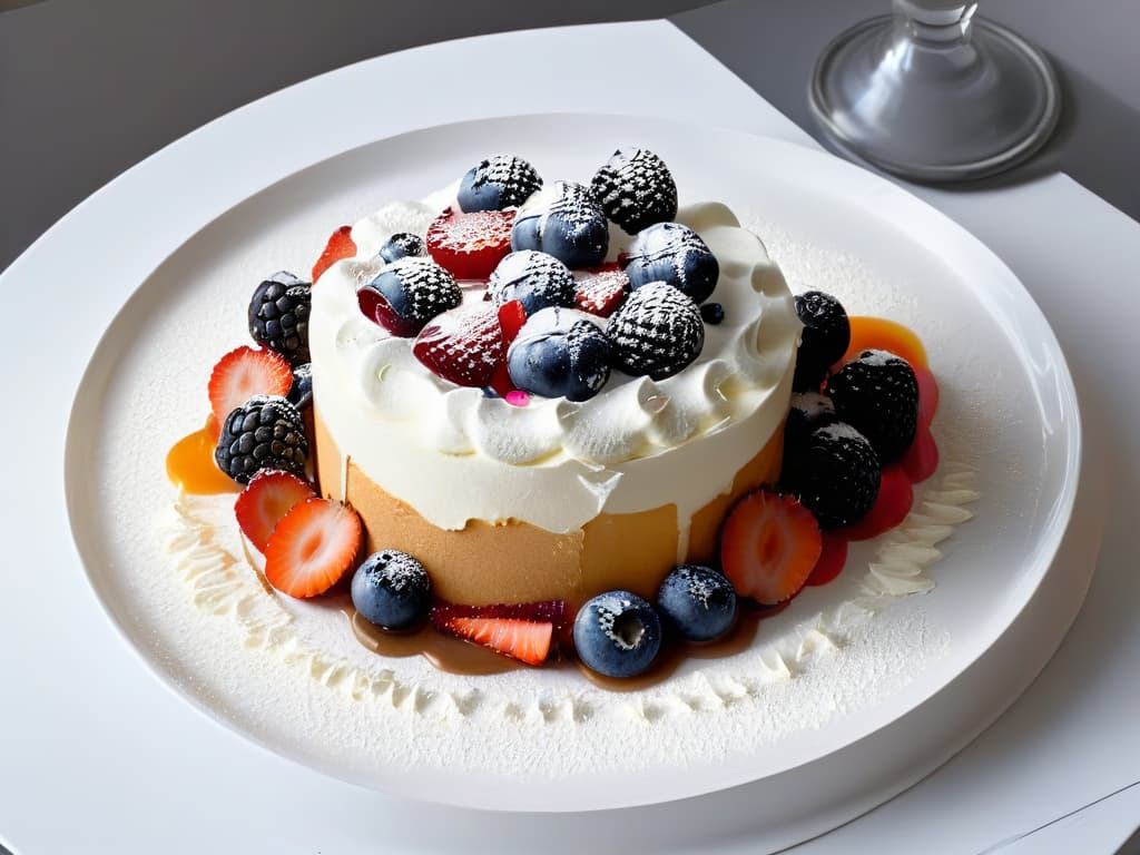  A highresolution photograph of a deconstructed dessert showcasing layers of crumbled cake, drizzled sauce, scattered berries, and a dollop of whipped cream, all elegantly arranged on a sleek, modern white plate with subtle geometric patterns. The dessert is artfully presented with precision, highlighting the textures, colors, and intricate details of each component, creating a visually stunning and enticing image that captures the essence of deconstructed delights in a sophisticated and minimalist style. hyperrealistic, full body, detailed clothing, highly detailed, cinematic lighting, stunningly beautiful, intricate, sharp focus, f/1. 8, 85mm, (centered image composition), (professionally color graded), ((bright soft diffused light)), volumetric fog, trending on instagram, trending on tumblr, HDR 4K, 8K