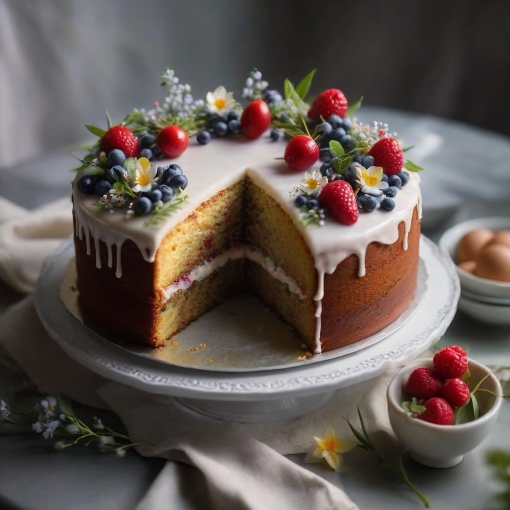  Easter cake. Glaze applied only on top. Create an unconventional decoration using berries and small flowers. hyperrealistic, full body, detailed clothing, highly detailed, cinematic lighting, stunningly beautiful, intricate, sharp focus, f/1. 8, 85mm, (centered image composition), (professionally color graded), ((bright soft diffused light)), volumetric fog, trending on instagram, trending on tumblr, HDR 4K, 8K