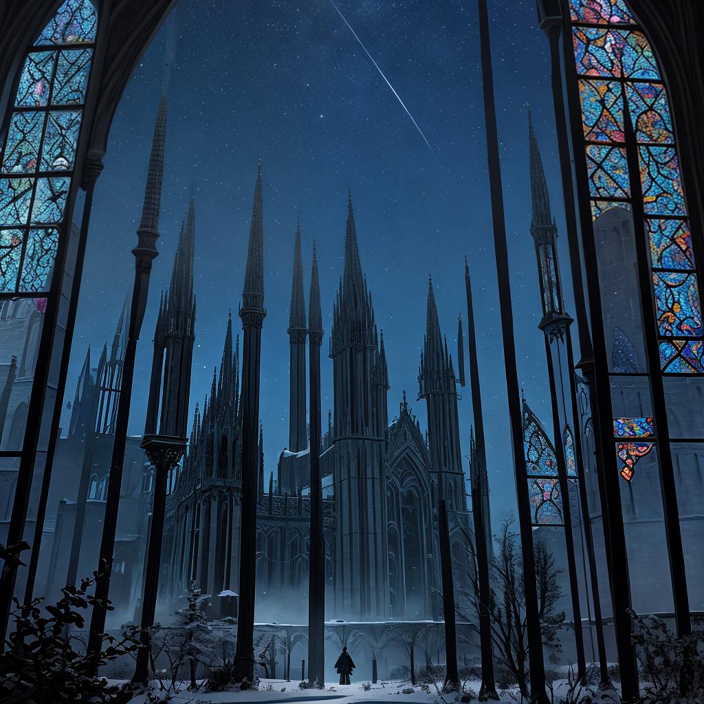  in a gothic aesthetic, Ethereal spires pierce the moonlit sky, as ancient arches weave tales of forgotten realms in a Gothic tapestry.