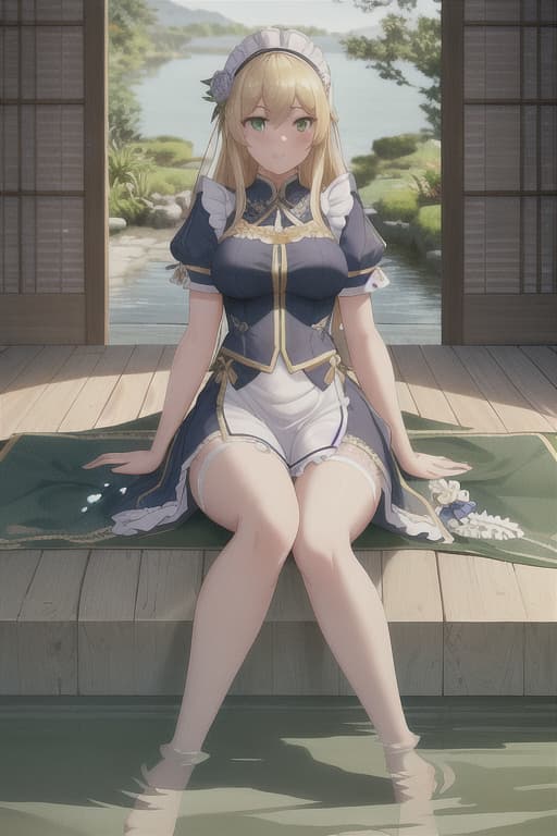  (score 9,score 8 up,score 7 up,),1girl,solo,maid,maid headdress,looking at viewer,outdoor,lake,apron,blonde hair,indoors,green eyes,bare foot,two feet in the water lotus flower sex stunny hyperrealistic, full body, detailed clothing, highly detailed, cinematic lighting, stunningly beautiful, intricate, sharp focus, f/1. 8, 85mm, (centered image composition), (professionally color graded), ((bright soft diffused light)), volumetric fog, trending on instagram, trending on tumblr, HDR 4K, 8K