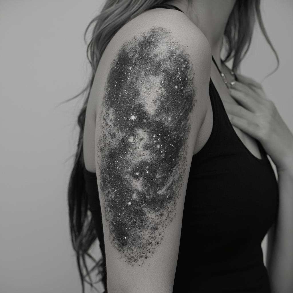  good quality, high quality, create a professionally shaded, abstract black and white tattoo of the milky way galaxy, viewed from a top down perspective. the design should be intricately detailed with a focus on depth and texture, ensuring the galaxy's spiral arms are prominently visible. the tattoo should seamlessly flow from the shoulder to the elbow on the upper arm of a female, emphasizing soft curves to follow the natural contours of the arm. include fine detailing, subtle shading transitions, and a sense of cosmic movement, but avoid hard geometric lines or overly symmetrical patterns to keep the design organic.