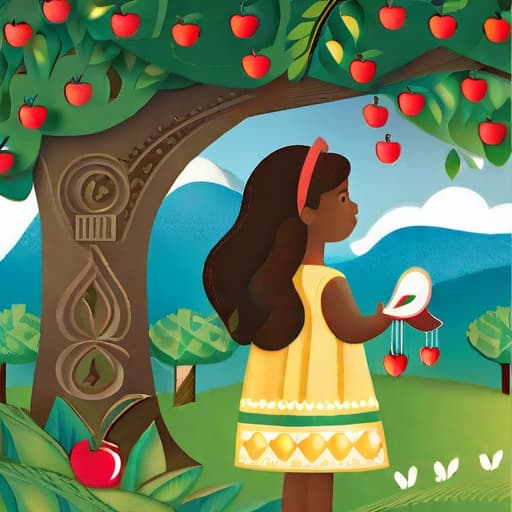  1. "A pivotal scene where a determined girl named Lina gently presses a magical stone against an apple tree in a tranquil garden filled with the cheerful chirping of birds." 2. "Envision a moment where Lina, her face a mix of anticipation and excitement, holds a magical stone up to an apple tree in a peaceful garden, the quiet punctuated by the delightful songs of birds." 3. "Imagine a scene where Lina, filled with hope and exhilaration, purposefully places a magical stone against an apple tree in a serene garden, underscored by the melodic tweets of unseen birds." 4. "Vividly illustrate a scenario where Lina, her face alight with expectation and thrill, carefully positions a magical stone on an apple tree in a calm garden filled with th hyperrealistic, full body, detailed clothing, highly detailed, cinematic lighting, stunningly beautiful, intricate, sharp focus, f/1. 8, 85mm, (centered image composition), (professionally color graded), ((bright soft diffused light)), volumetric fog, trending on instagram, trending on tumblr, HDR 4K, 8K