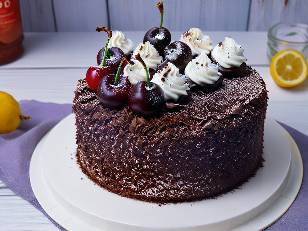  An ultradetailed closeup image of a decadent slice of Black Forest cake, showcasing layers of rich chocolate sponge cake, whipped cream, and dark cherries, all topped with shavings of dark chocolate and a cherry on top. The focus is on the textures and colors, highlighting the glossy sheen of the cherries and the velvety smoothness of the cream against the deep, dark hues of the chocolate cake. The image exudes luxury and indulgence, inviting the viewer to savor every detail of this iconic dessert. hyperrealistic, full body, detailed clothing, highly detailed, cinematic lighting, stunningly beautiful, intricate, sharp focus, f/1. 8, 85mm, (centered image composition), (professionally color graded), ((bright soft diffused light)), volumetric fog, trending on instagram, trending on tumblr, HDR 4K, 8K