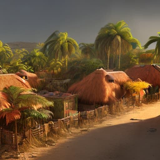 redshift style A rastafari jamaican village at sunset, street level, earth tone colors, painterly anime style.