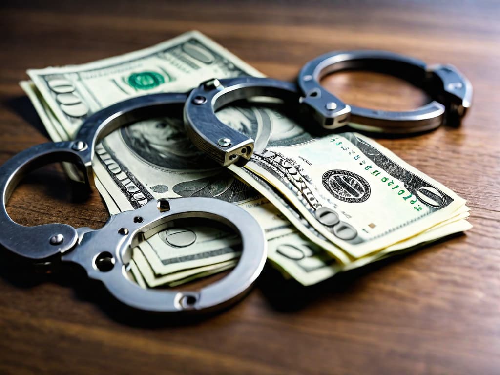  realistic photograph of examples of blurred $100 bills laying flat on a table next to chained handcuffs, the focus is on the handcuffs, 4k, no people