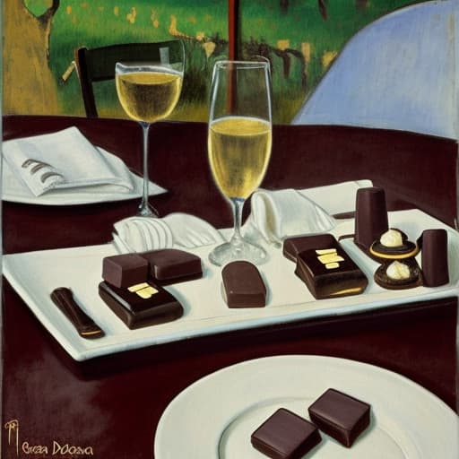  Marlon Brando as the godfather in Italy and a vineyard dressed in modern designer attire. Foreground plates of fine dark chocolates on a table. Background vineyard Painting style of Edgar Degas