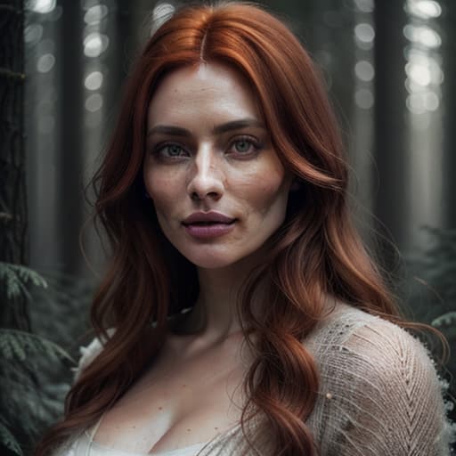  close up of a european woman, ginger hair, winter forest, natural skin texture, 24mm, 4k textures, soft cinematic light, RAW photo, photorealism, photorealistic, intricate, elegant, highly detailed, sharp focus, ((((cinematic look)))), soothing tones, insane details, intricate details, hyperdetailed, low contrast, soft cinematic light, dim colors, exposure blend, hdr, faded hyperrealistic, full body, detailed clothing, highly detailed, cinematic lighting, stunningly beautiful, intricate, sharp focus, f/1. 8, 85mm, (centered image composition), (professionally color graded), ((bright soft diffused light)), volumetric fog, trending on instagram, trending on tumblr, HDR 4K, 8K