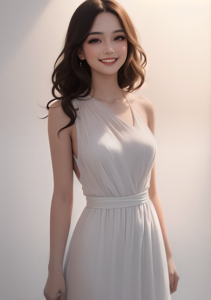  ((1 1, long hair, smile, makeup face, white background, sed Hair,cute smile, upper body, studio light, side light, wearing open shoulder dress)),(), beautiful, high quality,masterpiece,extremely detailed,high res,4k,ultra high res,detailed shadow,ultra realistic,dramatic lighting,bright light