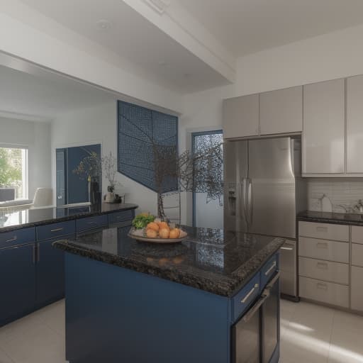  kitchen decorated with deep blue cabinets, existing countertops intact, modern lighting, photorealistic, contrast, high quality, hyper realistic, clear features, highly detailed, natural lighting, sharp focus, f/1.8, 85mm, high contrast, HDR 4K, 8K
