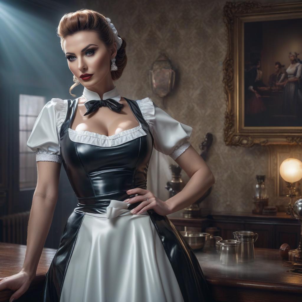  latex housemaid hyperrealistic, full body, detailed clothing, highly detailed, cinematic lighting, stunningly beautiful, intricate, sharp focus, f/1. 8, 85mm, (centered image composition), (professionally color graded), ((bright soft diffused light)), volumetric fog, trending on instagram, trending on tumblr, HDR 4K, 8K