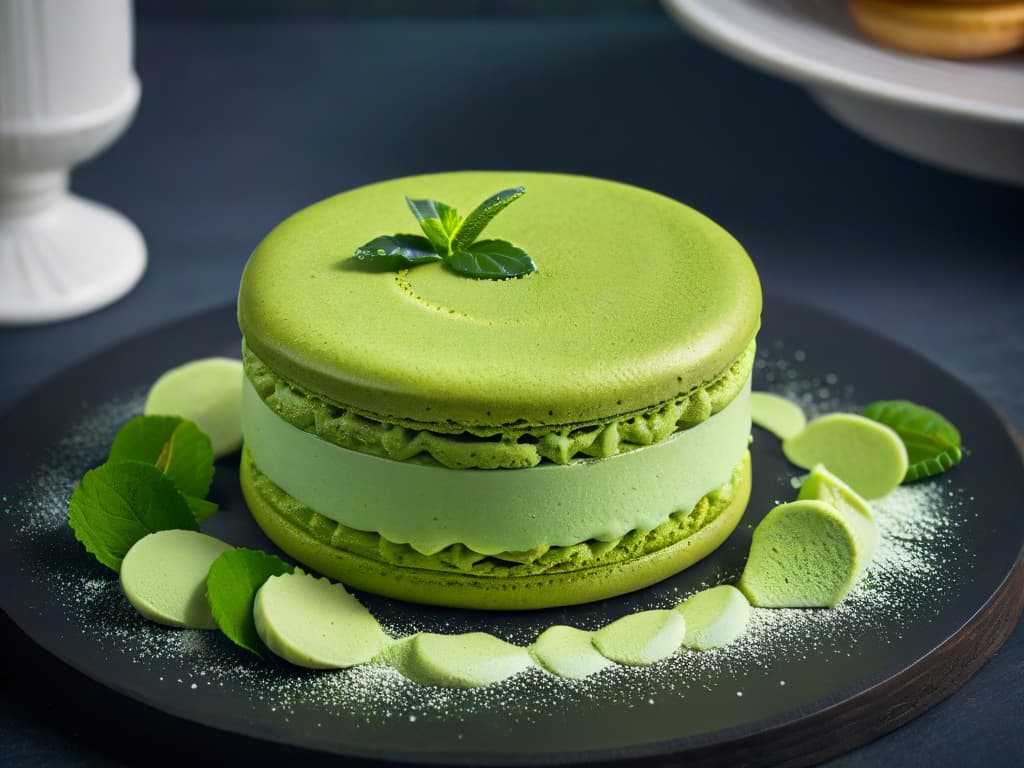  A closeup, ultradetailed image of a delicate matcha green tea macaron with a smooth, glossy surface sprinkled with vibrant green tea powder, placed on a sleek, modern plate with soft, natural lighting illuminating its intricate texture and rich color gradients. hyperrealistic, full body, detailed clothing, highly detailed, cinematic lighting, stunningly beautiful, intricate, sharp focus, f/1. 8, 85mm, (centered image composition), (professionally color graded), ((bright soft diffused light)), volumetric fog, trending on instagram, trending on tumblr, HDR 4K, 8K