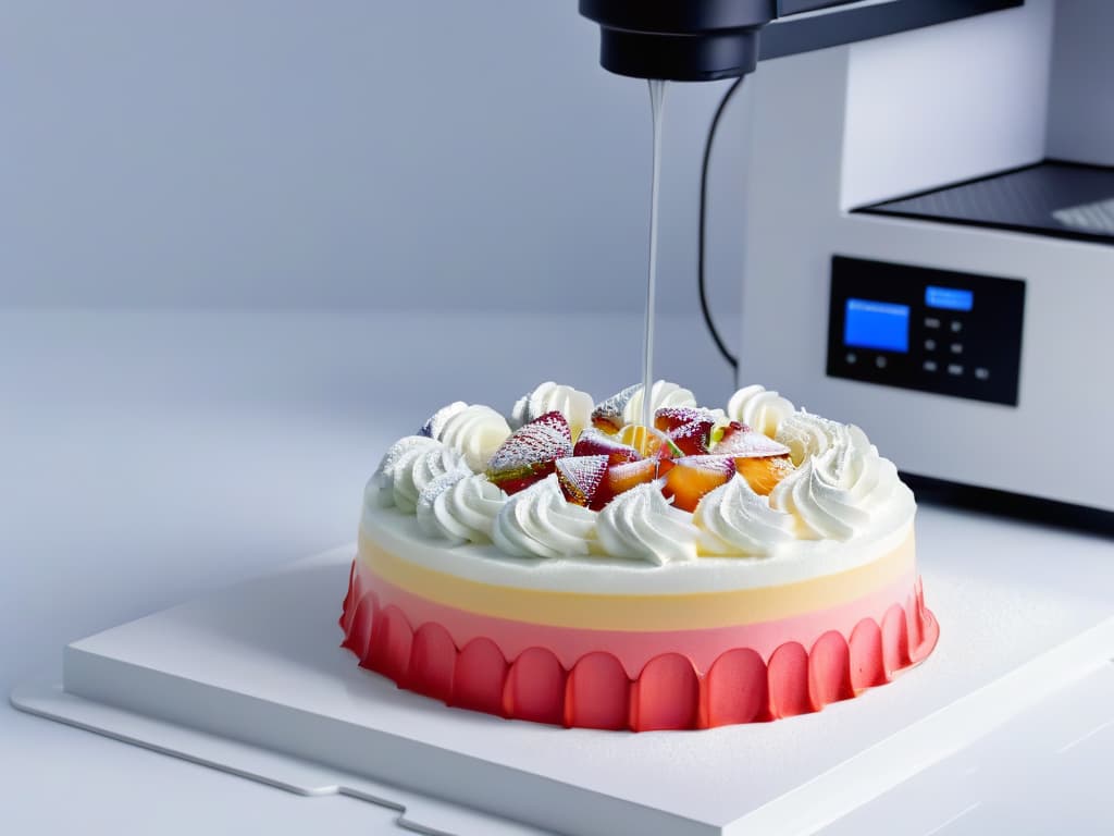  A closeup, minimalist image of a sleek, modern 3D food printer in action, layering intricate details of a delectable and visually stunning 3D dessert creation. The focus is on the precise movements of the printer's nozzle as it meticulously builds up each layer of the dessert, showcasing the cuttingedge technology and precision involved in designing 3D desserts at home. The color palette is clean and futuristic, with a contrast between the vibrant dessert colors and the monochromatic tones of the printer, highlighting the fusion of artistry and technology in the process. hyperrealistic, full body, detailed clothing, highly detailed, cinematic lighting, stunningly beautiful, intricate, sharp focus, f/1. 8, 85mm, (centered image composition), (professionally color graded), ((bright soft diffused light)), volumetric fog, trending on instagram, trending on tumblr, HDR 4K, 8K