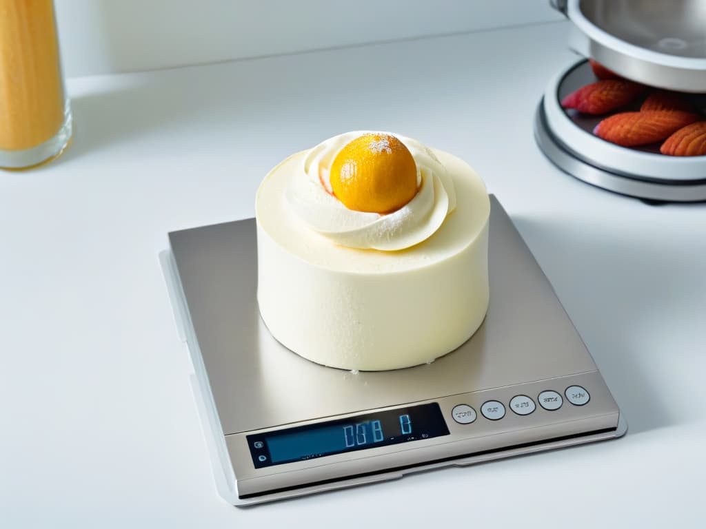  A closeup, ultradetailed image of a sleek, modern digital kitchen scale with a stainless steel finish. The scale is set on a pristine white countertop, casting a soft shadow underneath. The digital display is illuminated, showing precise measurements down to the gram. The overall aesthetic exudes sophistication and precision, embodying the essence of a toptier kitchen tool for baking and pastry making. hyperrealistic, full body, detailed clothing, highly detailed, cinematic lighting, stunningly beautiful, intricate, sharp focus, f/1. 8, 85mm, (centered image composition), (professionally color graded), ((bright soft diffused light)), volumetric fog, trending on instagram, trending on tumblr, HDR 4K, 8K