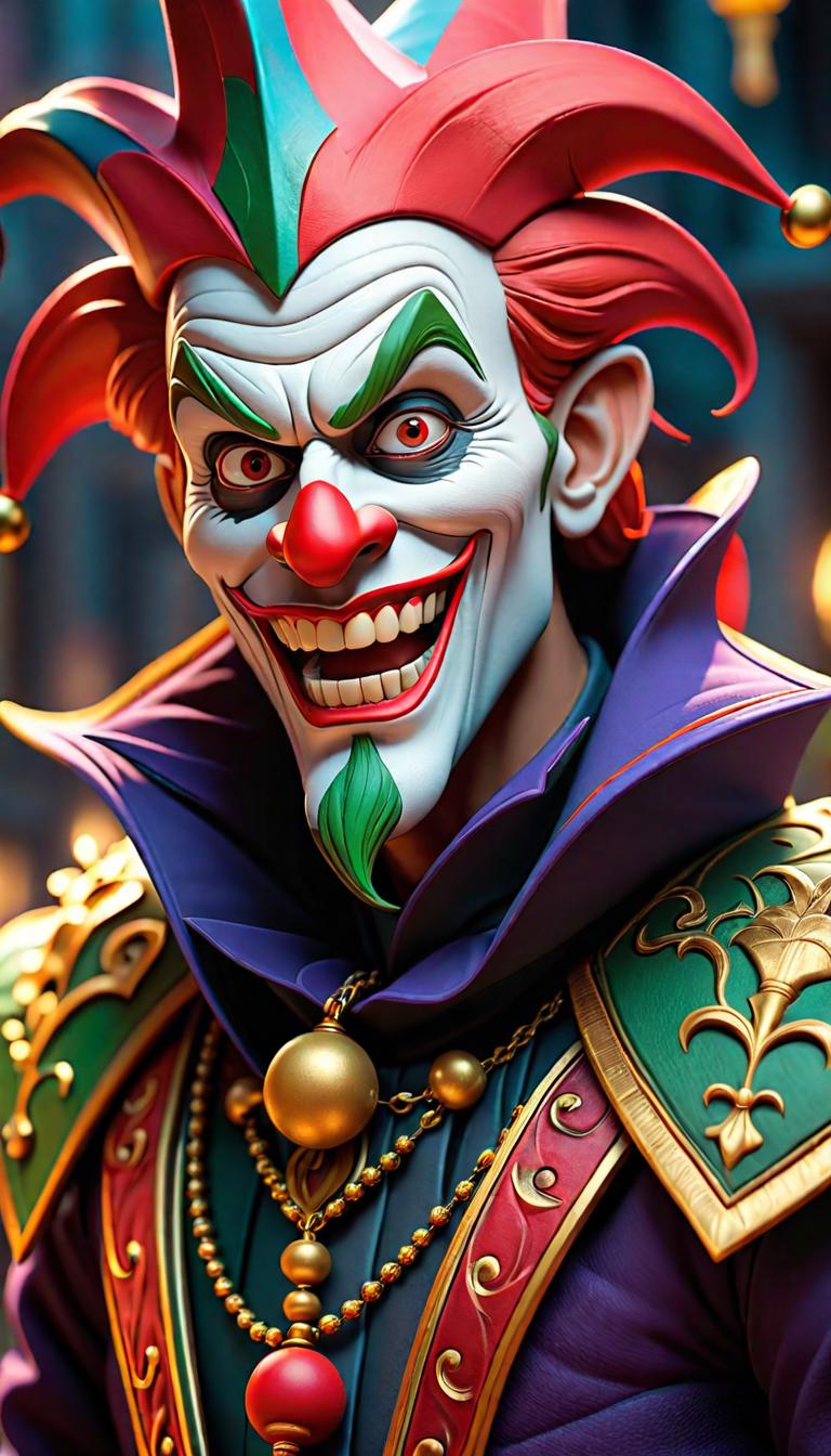  Professional 3D model of a sinister jester in a dark carnival. Dark, mysterious, scary, haunting, dramatic, ornate, detailed. . Rendered with Octane, the model is highly detailed,dramatic lighting. hyperrealistic, full body, detailed clothing, highly detailed, cinematic lighting, stunningly beautiful, intricate, sharp focus, f/1. 8, 85mm, (centered image composition), (professionally color graded), ((bright soft diffused light)), volumetric fog, trending on instagram, trending on tumblr, HDR 4K, 8K