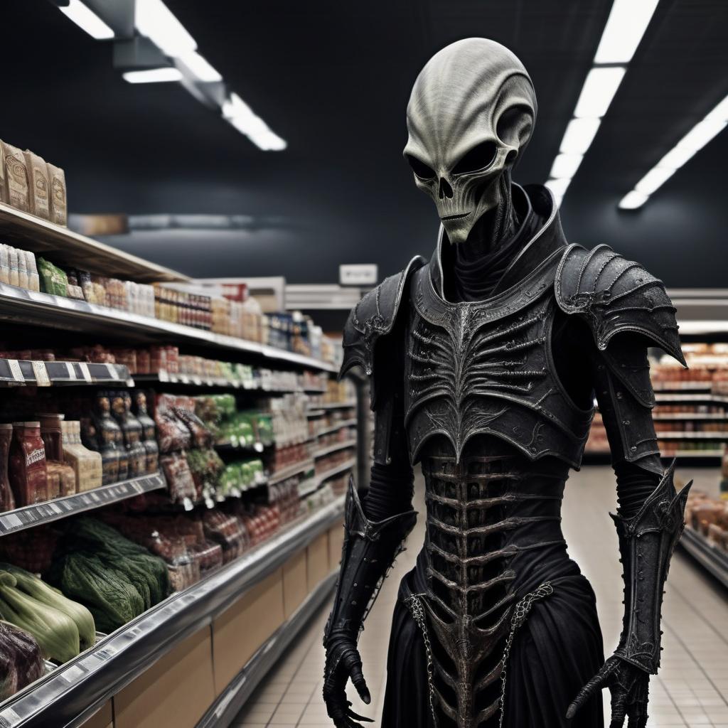  macabre style A very tall alien in armor is standing at a supermarket by the checkout with high realism and high detailization. . dark, gothic, grim, haunting, highly detailed