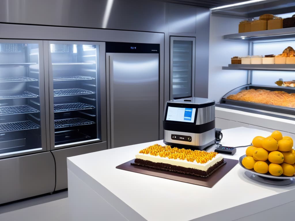  An ultradetailed, photorealistic image of a sleek, modern kitchen with a highend premium pastry robot front and center. The robot is gleaming with metallic accents, equipped with advanced features, and surrounded by an array of fresh, premium baking ingredients like decadent chocolate, vibrant fruits, and aromatic spices. The overall ambiance exudes professionalism and sophistication, inspiring the reader to envision themselves creating exquisite pastries with the finest culinary technology available. hyperrealistic, full body, detailed clothing, highly detailed, cinematic lighting, stunningly beautiful, intricate, sharp focus, f/1. 8, 85mm, (centered image composition), (professionally color graded), ((bright soft diffused light)), volumetric fog, trending on instagram, trending on tumblr, HDR 4K, 8K