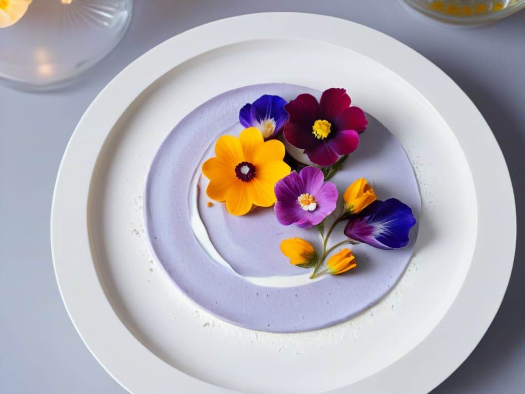  An ultradetailed image of a delicate, elegant dessert adorned with vibrant edible flowers. The dessert is displayed on a sleek, white plate, emphasizing its minimalist aesthetic. The colorful blooms are meticulously arranged on top of the dessert, adding a touch of sophistication and natural beauty to the scene. The lighting is soft, casting gentle shadows that enhance the texture and details of the dessert and flowers. This image perfectly captures the essence of incorporating edible flowers into chic dessert decoration. hyperrealistic, full body, detailed clothing, highly detailed, cinematic lighting, stunningly beautiful, intricate, sharp focus, f/1. 8, 85mm, (centered image composition), (professionally color graded), ((bright soft diffused light)), volumetric fog, trending on instagram, trending on tumblr, HDR 4K, 8K