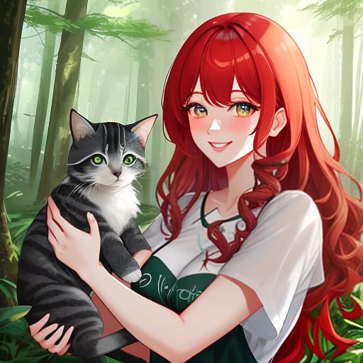  Red haired girl; curly hair; T shirt with a kitten; against the backdrop of a coniferous forest; smile; magic all around hyperrealistic, full body, detailed clothing, highly detailed, cinematic lighting, stunningly beautiful, intricate, sharp focus, f/1. 8, 85mm, (centered image composition), (professionally color graded), ((bright soft diffused light)), volumetric fog, trending on instagram, trending on tumblr, HDR 4K, 8K