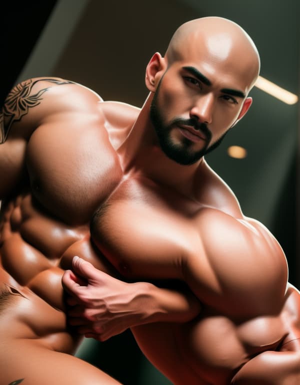  muscle, tattooed Chinese bald gays with no hair making love in hotel,  whole dorsal body，chest hair hyperrealistic, full body, detailed clothing, highly detailed, cinematic lighting, stunningly beautiful, intricate, sharp focus, f/1. 8, 85mm, (centered image composition), (professionally color graded), ((bright soft diffused light)), volumetric fog, trending on instagram, trending on tumblr, HDR 4K, 8K