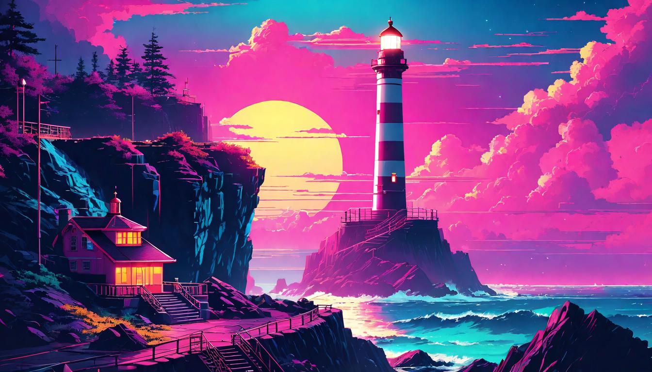  vaporwave,cyberpunk game style A lighthouse standing atop a craggy cliff, its light slicing through the night’s darkness. Guidance, sentinel, rocky foundation, beacon of hope, steward of the unseen pathseon, dystopian, futuristic, digital, vibrant, detailed, high contrast, reminiscent of cyberpunk genre video games,retro aesthetic, cyberpunk, vibrant, neon colors, vintage 80s and 90s style, highly detailed