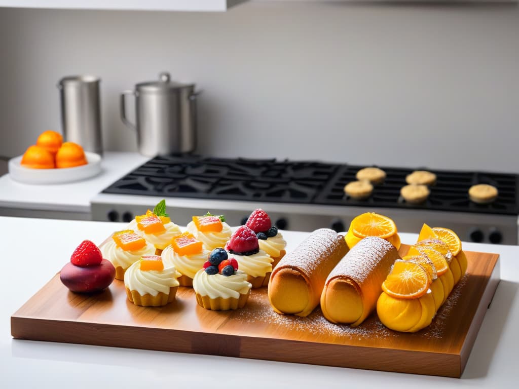  A minimalist, highresolution image of a sleek, modern kitchen countertop adorned with elegantly arranged pastries and desserts incorporating birch sugar in their recipes. The desserts should be visually appealing, showcasing intricate designs and vibrant colors, creating a visually striking and appetizing scene that captures the essence of modern pastrymaking with birch sugar. hyperrealistic, full body, detailed clothing, highly detailed, cinematic lighting, stunningly beautiful, intricate, sharp focus, f/1. 8, 85mm, (centered image composition), (professionally color graded), ((bright soft diffused light)), volumetric fog, trending on instagram, trending on tumblr, HDR 4K, 8K