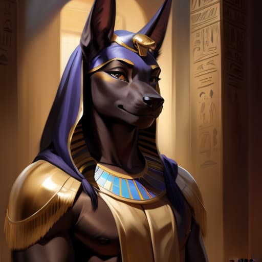  By chunie. Anubis using an Egyptian urn as a flashlight., open eyes, digital art, masterpiece, 4k, fine details,