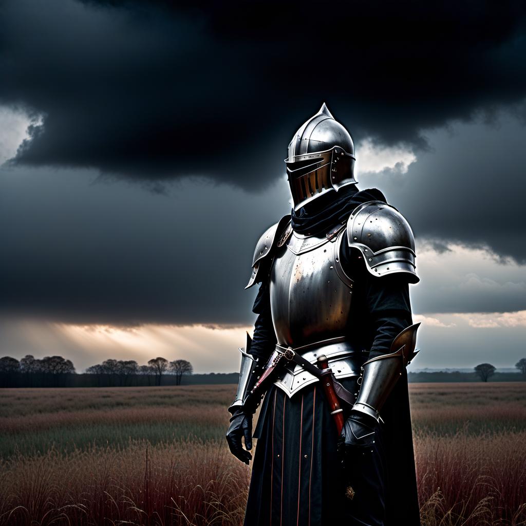  macabre style A knight in full black armor stands on a field. His armor is in blood. The field is dark. The sky is covered with clouds. Around lie the bodies of his companions, and he himself is weary, looking at the ground. It's raining. . dark, gothic, grim, haunting, highly detailed hyperrealistic, full body, detailed clothing, highly detailed, cinematic lighting, stunningly beautiful, intricate, sharp focus, f/1. 8, 85mm, (centered image composition), (professionally color graded), ((bright soft diffused light)), volumetric fog, trending on instagram, trending on tumblr, HDR 4K, 8K