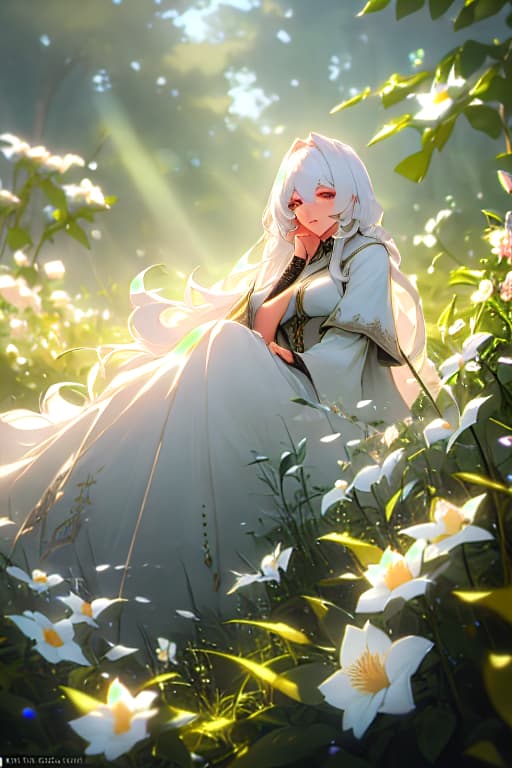  (masterpiece, best quality),1girl with long white hair sitting in a field of green plants and flowers, her hand under her chin, warm lighting, white dress, blurry foreground hyperrealistic, full body, detailed clothing, highly detailed, cinematic lighting, stunningly beautiful, intricate, sharp focus, f/1. 8, 85mm, (centered image composition), (professionally color graded), ((bright soft diffused light)), volumetric fog, trending on instagram, trending on tumblr, HDR 4K, 8K