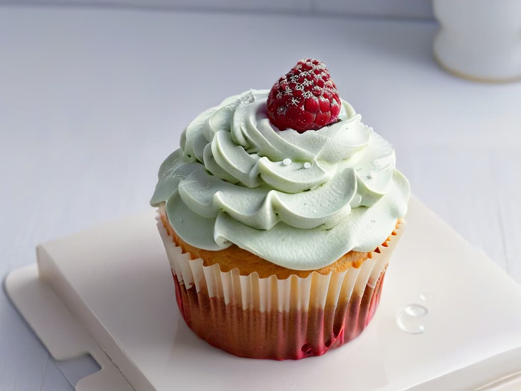  A closeup, ultradetailed image of a perfectly frosted cupcake topped with a single fresh raspberry, set against a stark white background. The frosting is smooth and glossy, with intricate swirls, and the raspberry glistens with tiny droplets of water, highlighting its freshness. The lighting is soft and focused, capturing every detail of the cupcake and fruit, showcasing the beauty of this lowcalorie treat. hyperrealistic, full body, detailed clothing, highly detailed, cinematic lighting, stunningly beautiful, intricate, sharp focus, f/1. 8, 85mm, (centered image composition), (professionally color graded), ((bright soft diffused light)), volumetric fog, trending on instagram, trending on tumblr, HDR 4K, 8K