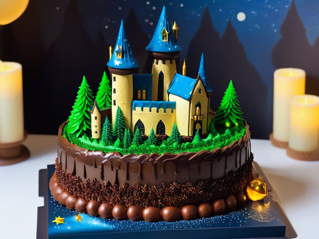  An ultradetailed illustration of a Hogwarts castle made entirely out of intricately decorated chocolate cake, with each tower resembling a different magical ingredient like golden snitches, chocolate frogs, and wizard hats. The cake is surrounded by a whimsical forest of edible trees and floating candles, all set against a starry night sky that shimmers with edible glitter. hyperrealistic, full body, detailed clothing, highly detailed, cinematic lighting, stunningly beautiful, intricate, sharp focus, f/1. 8, 85mm, (centered image composition), (professionally color graded), ((bright soft diffused light)), volumetric fog, trending on instagram, trending on tumblr, HDR 4K, 8K