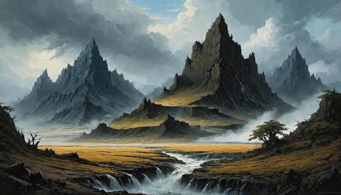  （surrealism)landscape scarred with deep, jagged marks, indicating previous battles, earth carved with struggle lines, ferocity of past conflicts, remnants of destruction evident, muted earth tones, rugged and harsh terrain mystic, intricate details, best quality)