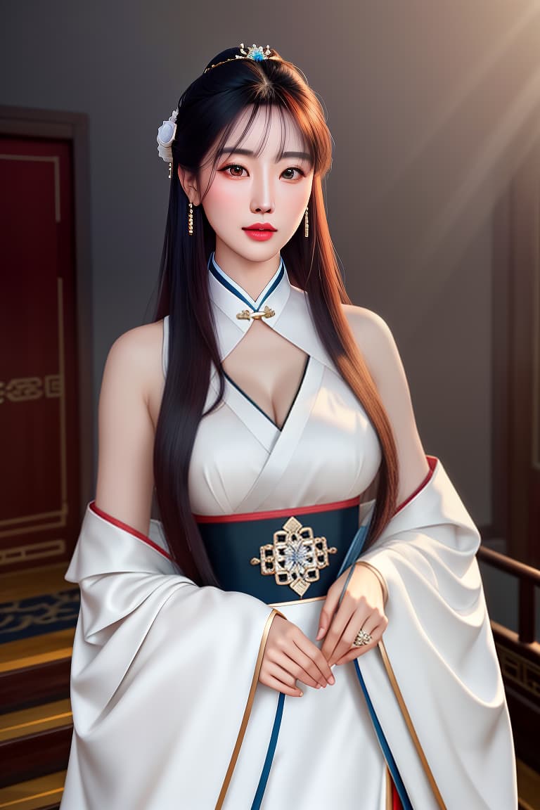  gufeng,bare shoulders,best quality,masterpiece,ultra high res,A beautiful with a Chinese face,solo,elegantly standing on the attic of an ancient Chinese building,looking diagonally at the streets,(medium s:1.1),age,Glossy hair,shiny hair,Hair fs,(full body), on,(:0.7),hanfu,tang style outfits, hyperrealistic, full body, detailed clothing, highly detailed, cinematic lighting, stunningly beautiful, intricate, sharp focus, f/1. 8, 85mm, (centered image composition), (professionally color graded), ((bright soft diffused light)), volumetric fog, trending on instagram, trending on tumblr, HDR 4K, 8K