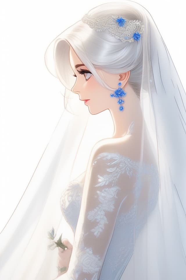  (Zoom up) (Silver Hair Black Eye) (Gentle Illustration), In Wedding Dress, Masterpiece, (Face in Profile) (Beautiful Silver Hair) TH BLUE EMBROIDERY ON WHITE FABRIC) Transparent Veil) High Quality, 8k