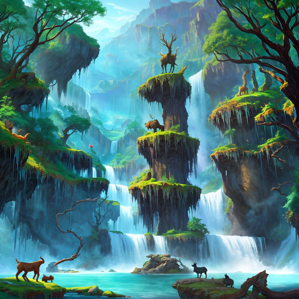  in a fantasy setting, Paint a surreal landscape where mythical beasts roam amidst cascading waterfalls.