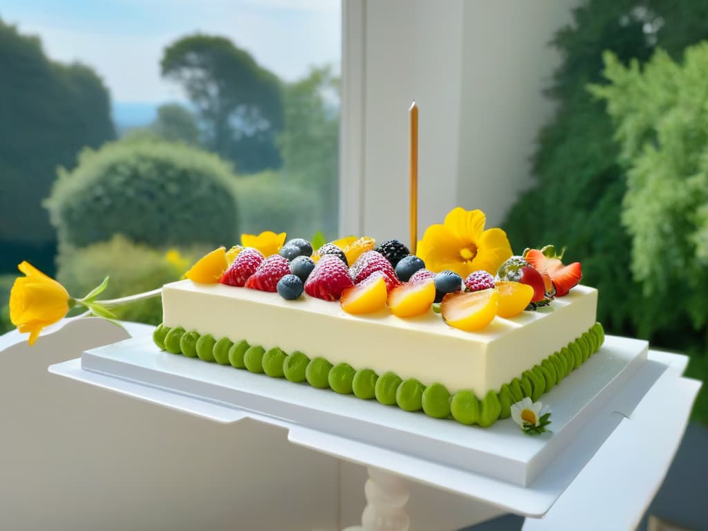  An ultradetailed image of a serene and minimalistic pastry kitchen with sleek marble countertops, copper utensils hanging neatly, and a large window overlooking a lush garden filled with vibrant flowers. The sunlight streams in, casting a warm glow over the spotless workspace where a perfectly crafted cake sits as the centerpiece, adorned with delicate edible flowers and intricate piping details. The scene exudes a sense of tranquility, elegance, and precision, inviting the viewer to imagine themselves creating delectable pastries in this picturesque setting. hyperrealistic, full body, detailed clothing, highly detailed, cinematic lighting, stunningly beautiful, intricate, sharp focus, f/1. 8, 85mm, (centered image composition), (professionally color graded), ((bright soft diffused light)), volumetric fog, trending on instagram, trending on tumblr, HDR 4K, 8K