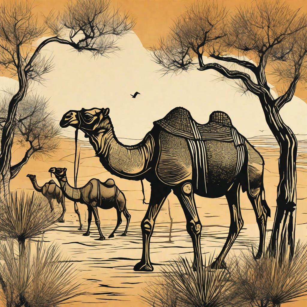  masterpiece, best quality, desert, camel team, Populus euphratica forest, print effect, Chinese element, vector