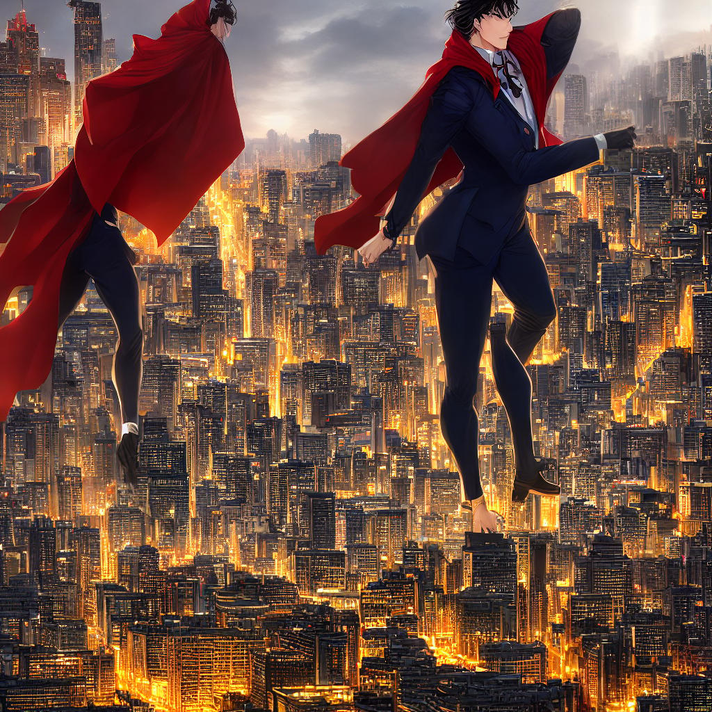  ((masterpiece)),(((best quality))), 8k, high detailed, ultra-detailed. A golden age comic style superhero with pale skin, jet black hair, and a blue suit, wearing a red cape, is seen eating spaghetti. The scene is depicted with total perspective, showcasing the superhero in the foreground and a city skyline in the background. The superhero's face shows determination as they enjoy their meal. The spaghetti is intricately detailed, with strands of pasta and sauce suspended mid-air. The cityscape features towering buildings, bustling streets, and glowing signs. The lighting is dramatic, with a warm golden glow highlighting the hero's features and casting long shadows. There is a sense of action and excitement captured in this dynamic scene. hyperrealistic, full body, detailed clothing, highly detailed, cinematic lighting, stunningly beautiful, intricate, sharp focus, f/1. 8, 85mm, (centered image composition), (professionally color graded), ((bright soft diffused light)), volumetric fog, trending on instagram, trending on tumblr, HDR 4K, 8K