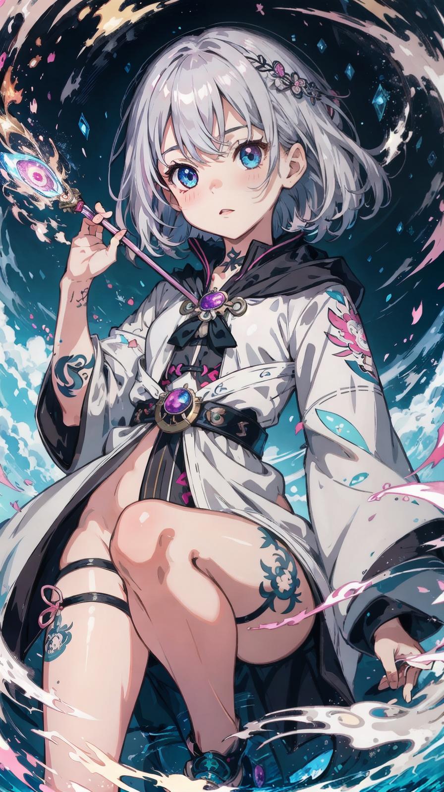  master piece , best quality,master piece,girl,(child) BREAK heterochromia,deep pink eye,light blue eye BREAK medium hair,silver hair BREAK wizard,tattoo BREAK magic,fantasy